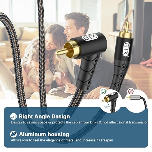 EMK 90 Degree RCA Subwoofer Cable 24K Gold-Plated Connector Nylon Braided Double Shielded – Support Digital & Analog Signals for Amplifier, Home Theater, Hi-Fi System,Subwoofer Black/6.6ft/2m