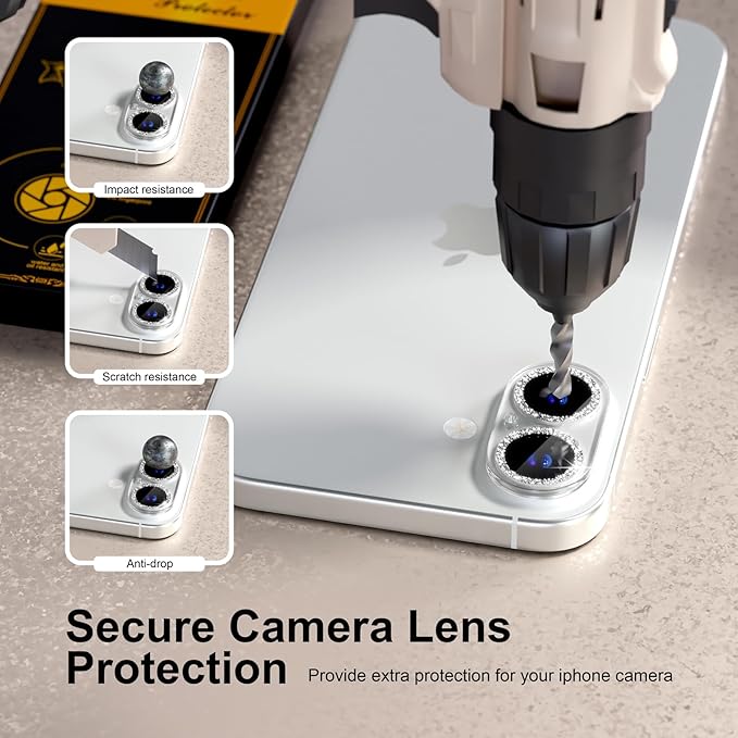 beuxece for 6 Pack iPhone 16 / iPhone 16 Plus Camera Lens Protector [Drop Protection] [Case Friendly] [Easy Installation] 9H Tempered Glass Camera Screen Protector Cover Accessories, Glitter Silver