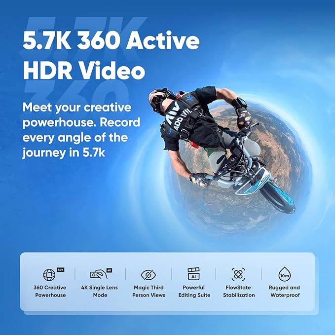Insta360 X3 Motorcycle Kit (New Version) - Waterproof 360 Action Camera with 1/2" 48MP Sensors, 5.7K 360 Active HDR Video, 72MP 360 Photo, 4K Single-Lens, 60fps Me Mode, Stabilization