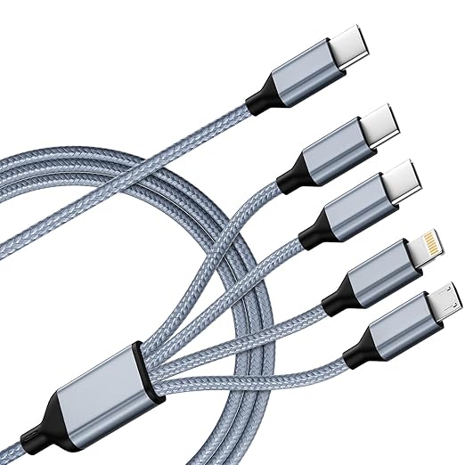 USB C Multi Charging Cable [1Pack 5FT], 4 in 1 Charging Cable Nylon Braided USB-C Multiple Charger Cord with Micro USB,IP Port and 2 Type C Adapter Port for iPhone 16/15 Series/Cell Phones and More