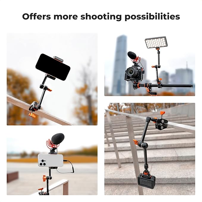 K&F Concept 11" Magic Arm Clamp Kit with 1/4" & 3/8" Thread Screw, Articulating Friction Arm Clamp Camera Mount for Monitor, LED Light, Webcam, Action Camera