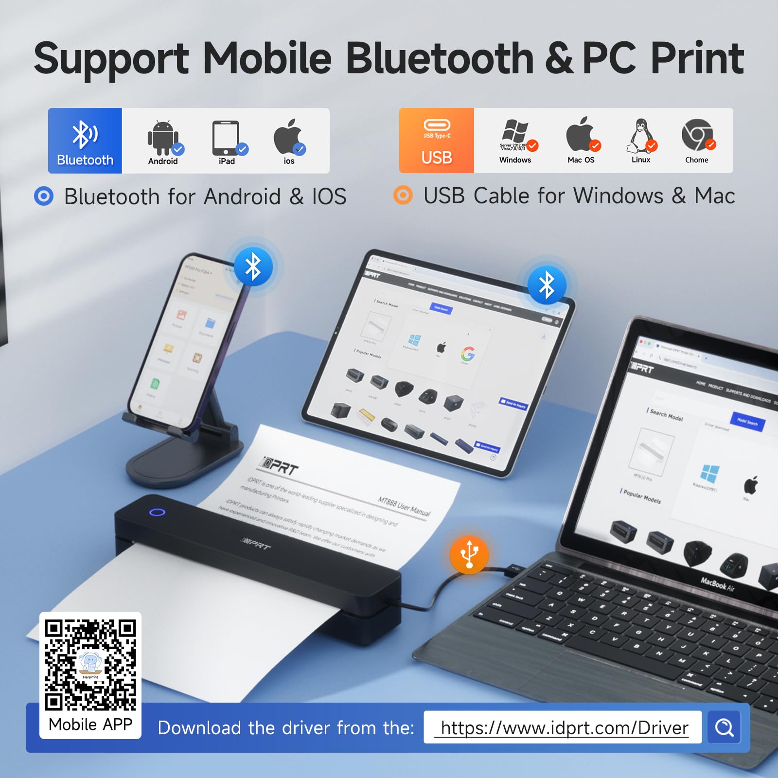 iDPRT Portable Printer Wireless for Travel - Bluetooth Mobile Printer Support for 8.5"x11" US Letter, Inkless Compatible with iOS, Android, Laptop for Office, Car and Home (300DPI, Black)