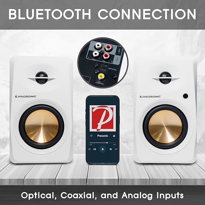 Active Bluetooth Bookshelf Speaker Studio Monitor Home Theater, Optical Input, Coaxial Input, 2 x RCA Aux Input, 30 Watts x 2 (White)