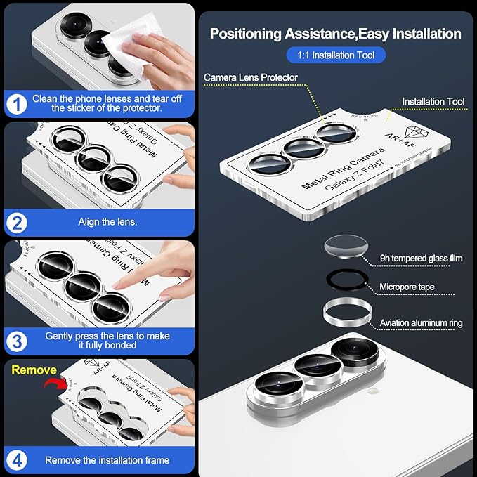for Samsung Galaxy Z Fold 7 Camera Lens Protector, Individual Metal Ring Tempered Glass Lens Cover, [Strong Adsorption] Scratch Resistant Ultra-Thin HD Clear Lens Cover, 1 Set-Slivery Ring