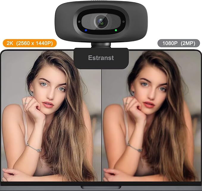 2K Quad HD Webcam with Privacy Cover & Noise-Canceling Microphone, Video Web Streaming Camera for PC Computer Desktop Laptop Mac Zoom Teams &More, 1pc USB C Adapter