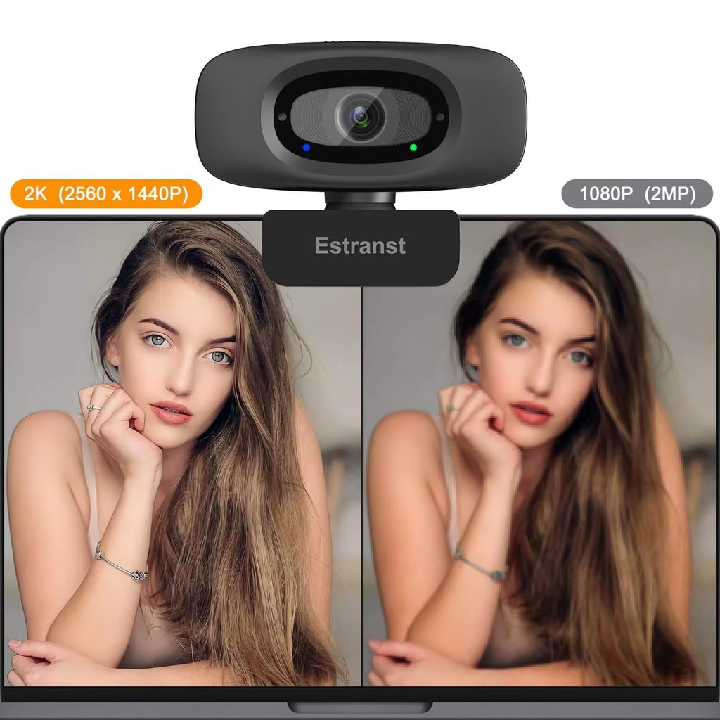 Estranst 2K Quad HD Webcam with Privacy Cover & Noise-Canceling Microphone, Video Web Streaming Camera for PC Computer Desktop Laptop Mac Zoom Teams &More, 1pc USB C Adapter