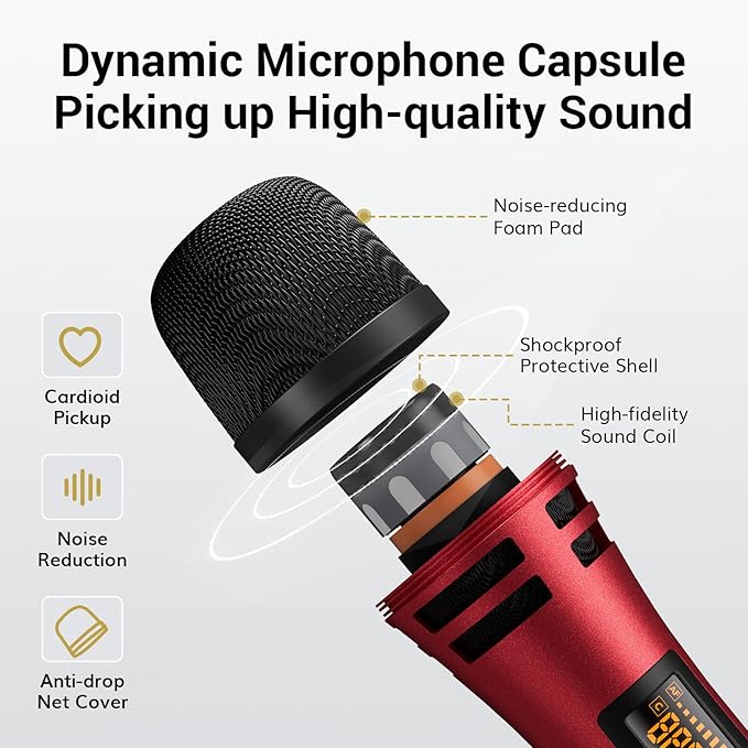 TONOR Wireless Microphones System with 4x10 Channels Cordless Handheld Microfono Inalambrico, UHF Mics with Stable Signal Transmission for Karaoke Singing Party Church Wedding PA Speaker 200ft Red