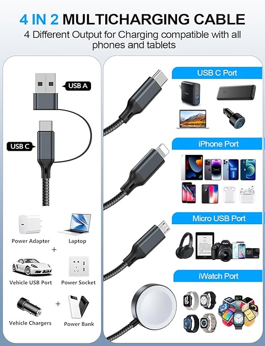 4-in-2 Charging Cable for Apple Watch Charger/Samsung/iPhone Charger,Car/Travel Essentials,Type C Cable Multi Cord for iWatch Ultra/10-2/iPhone 16-11/Samsung S25-S20,PlayStation 4,iPad,airPods-Black