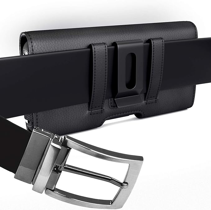 PiTau Holster for iPhone Pro Max & Plus 16, 15, 14, 13, 12, 11, 8, 7, 6, 6s, Xs Max, Cell Phone Case with Belt Clip ID Card Holder for Samsung Galaxy S25+ Note 10+, Fits with Otterbox, Black Large