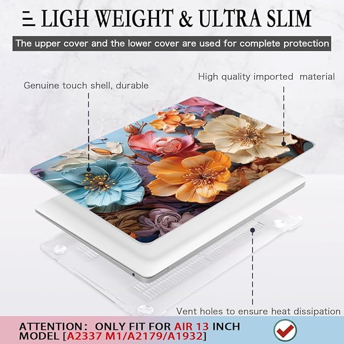 CISSOOK Compatible with MacBook Air 13 inch Case 2021 2020-2018 Release M1 A2337 A2179 A1932, Flower Hard Shell Case with Keyboard Cover for MacBook Air 13 Inch with Touch ID, Silk Flowers