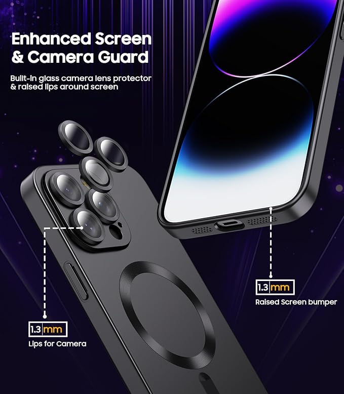 Magnetic for iPhone 14 Pro Max Case [Compatible with MagSafe][Built-in Camera Lens Protector] Slim Soft TPU Bumper Shockproof Metallic Luster Phone Case (Black)