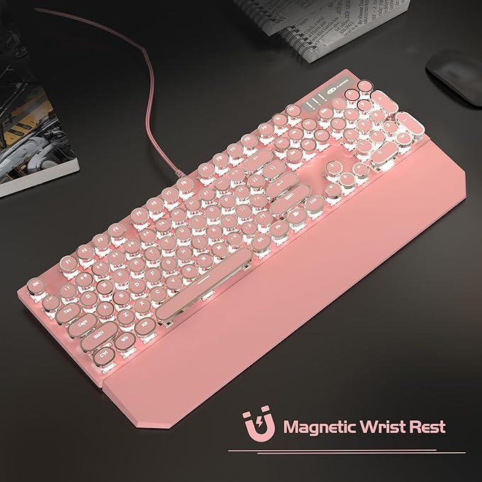 MageGee Typewriter Mechanical Gaming Keyboard, Retro Punk Pink Round Keycaps, 104 Keys LED White Backlit Wired Keyboards for Laptop MAC PC Gamer, with Magnetic Wrist Rest, Blue Switch