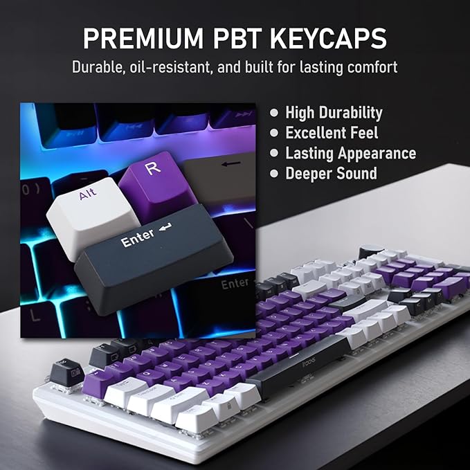iRocks K74R Wireless RGB Illuminated Mechanical Gaming Keyboard, Hot-Swappable Switches, Floating Design, PBT 107 Keys NKRO, Detachable USB-C Cable - White Amethyst (Brown Switches)