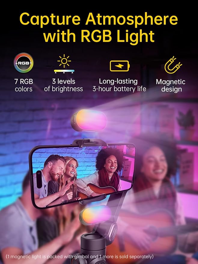 3-Axis Gimbal Stabilizer for Smartphone with RGB Magnetic Fill Light Upgraded Face Tracking Focus Wheel Foldable iPhone Gimbal for iPhone/Android Phone Stabilizer Vlog Recording Smart XE Kit