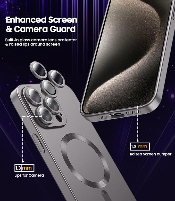 Magnetic for iPhone 15 Pro Max Case [Compatible with MagSafe][Built-in Camera Lens Protector] Slim Soft Silicone Bumper Shockproof Metallic Luster Phone Case (Titanium Gray)