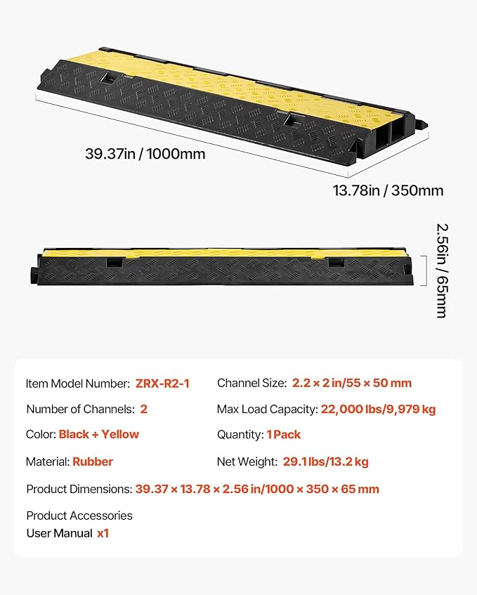 VEVOR Cable Protector Ramp, 2 Channel Heavy Duty 39.37'' Rubber Cord Hose Wire Cover, 2.2''W x 2''H Channel Size, Traffic Speed Bump with Flip-Open Top Cover, for Indoor Outdoor Use