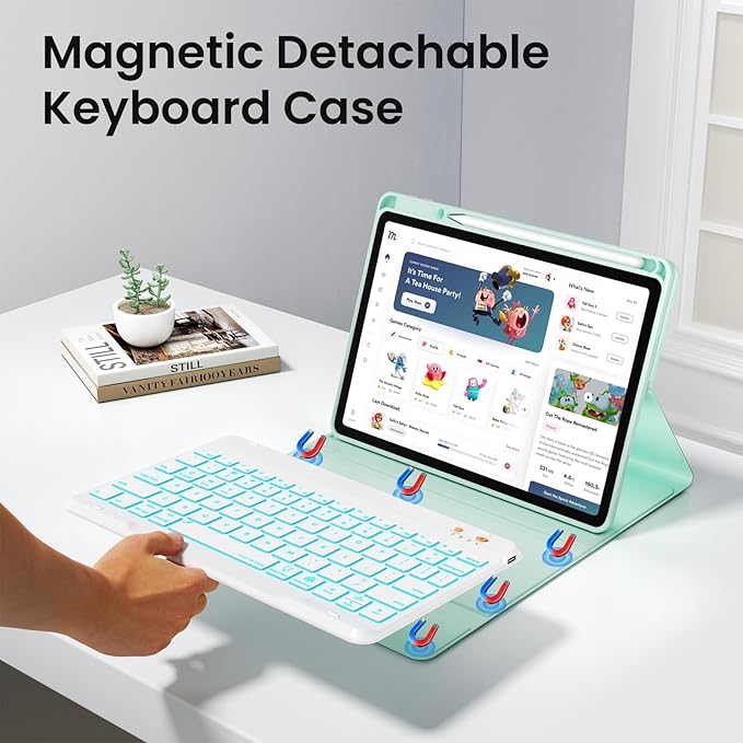 iPad 7th/8th/9th Generation Case with Keyboard 10.2-inch 2019/2020/2021, iPad Air 3rd/Pro 10.5-inch 2017 Compatible, 7 Color Backlit Keyboard BT/Wireless/Detachable with Pencil Holder (Mint Green)