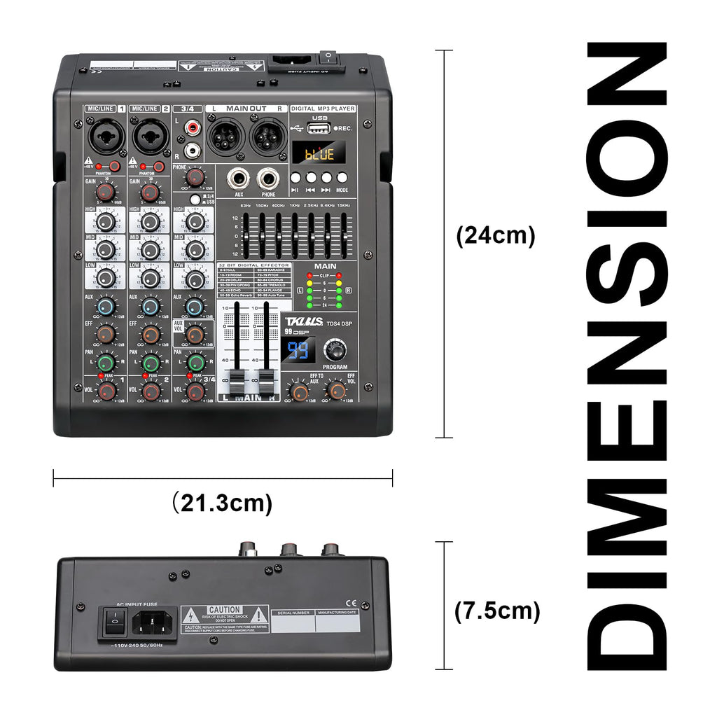 TKLBLS 4 Channel Audio Mixer for Home Audio, Sound Mixer Board with USB Interface, 99 DSP Effects, 48V Phantom Power, XLR Inputs for Karaoke, Recording