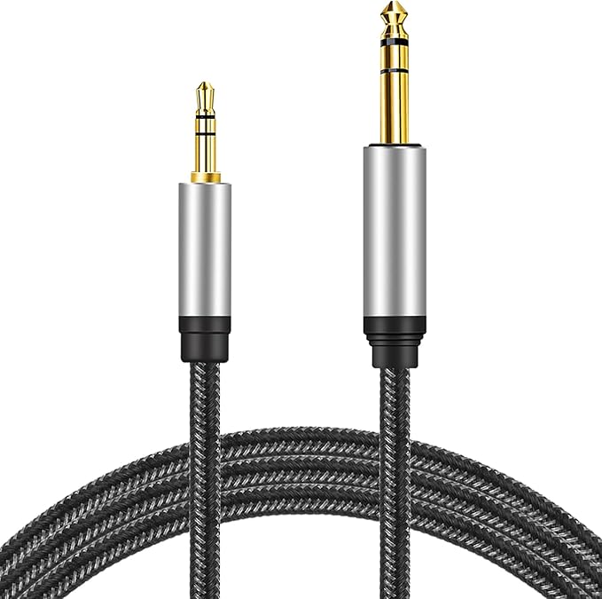 3.5 mm to 6.35 mm Audio Cable 50Ft, Gold-Plated Terminal Silver Color Zinc Alloy Housing 3.5mm 1/8" Male TRS to 6.35mm 1/4" Male TRS Nylon Braided Stereo Audio Cable for Cellphone and More(50Ft/15M)
