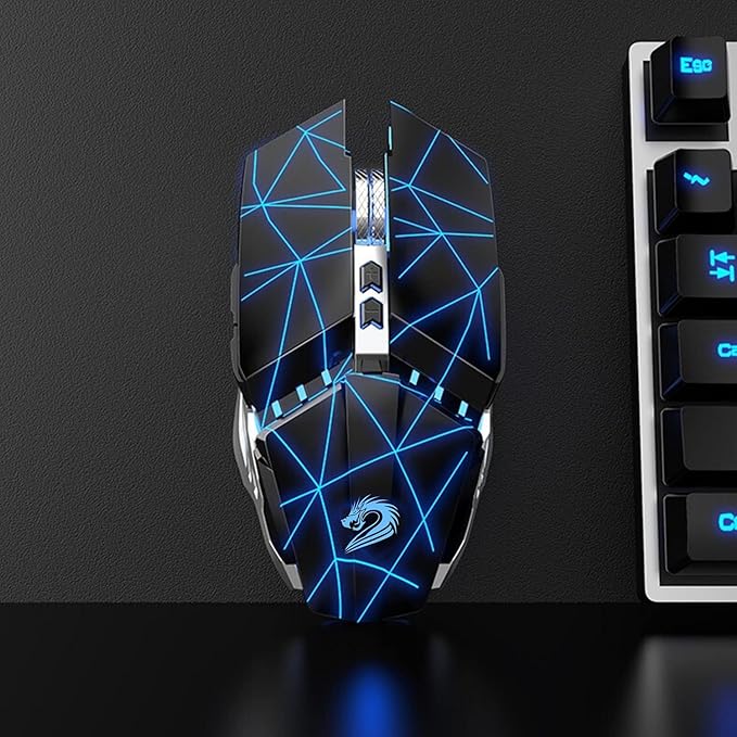 TENMOS T12 Wireless Gaming Mouse Rechargeable, 2.4G Silent Optical Wireless Computer Mice with Changeable LED Light for Laptop PC, 7 Buttons, 3 Adjustable DPI (Starry Black)