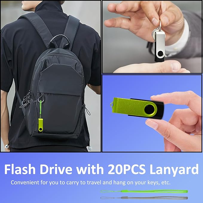 8GB USB Flash Drive 20 Pack Bulk USB Thumb Drive Swivel Zip Drive USB 2.0 Flash Drives 8GB Bulk Green & Sliver Memoris Memory Stick Jump Drives Multipack with Lanyards Label