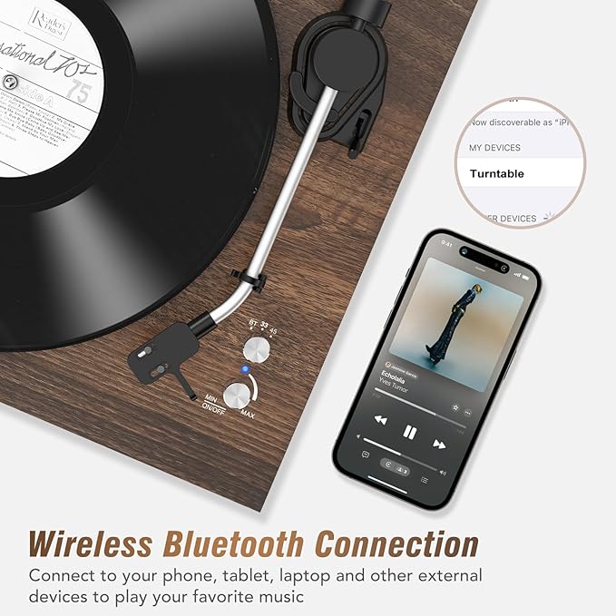 Vinyl Record Player with 24W HiFi Stereo Speakers Vintage Bluetooth Turnable for Vinyl Records with Belt Drive 2-Speed, Magnetic Cartridge RCA Output BT5.3