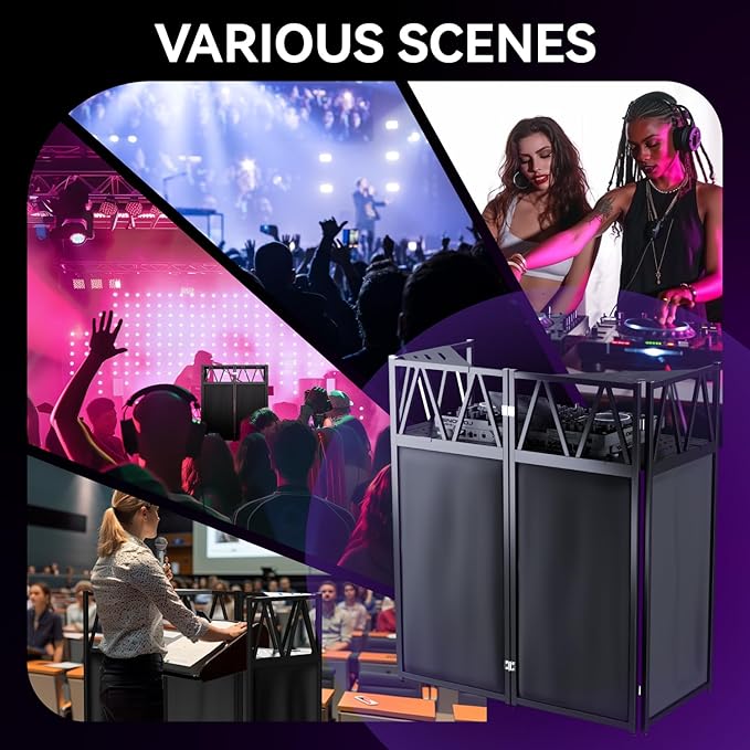 DJ Table Stand Portable booth, Foldable DJ Stand Booth, Heavy-Duty Adjustable Height DJ Facade Booth, Easy to Assemble, Stylish, Convenient to Store and Transpor