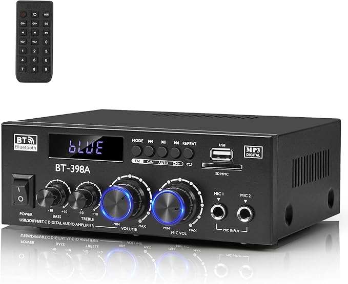 Romica Stereo Audio Amplifier, 2 Channel 450W x2 Bluetooth 5.0 Home Theater Power Amplifier with FM Radio, USB, SD, Optical & Coaxial Inputs, Amplifier for Passive Speakers and Active subwoofer