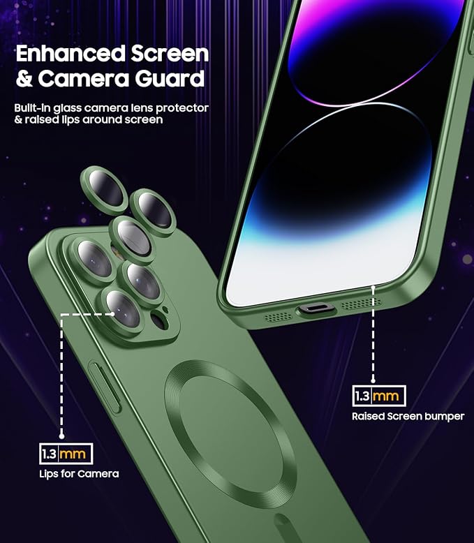 Magnetic for iPhone 14 Pro Max Case [Compatible with MagSafe][Built-in Camera Lens Protector] Slim Soft TPU Bumper Shockproof Metallic Luster Phone Case (Green)