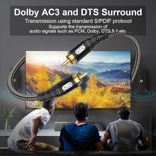 EMK RCA to RCA Subwoofer Cable – 24K Gold-Plated Connector Nylon Braided Double Shielded Audio Cable Digital&Analog Signal Support for Amplifiers Subwoofer Home Theater Hi-Fi Systems Black/6.6ft/2m