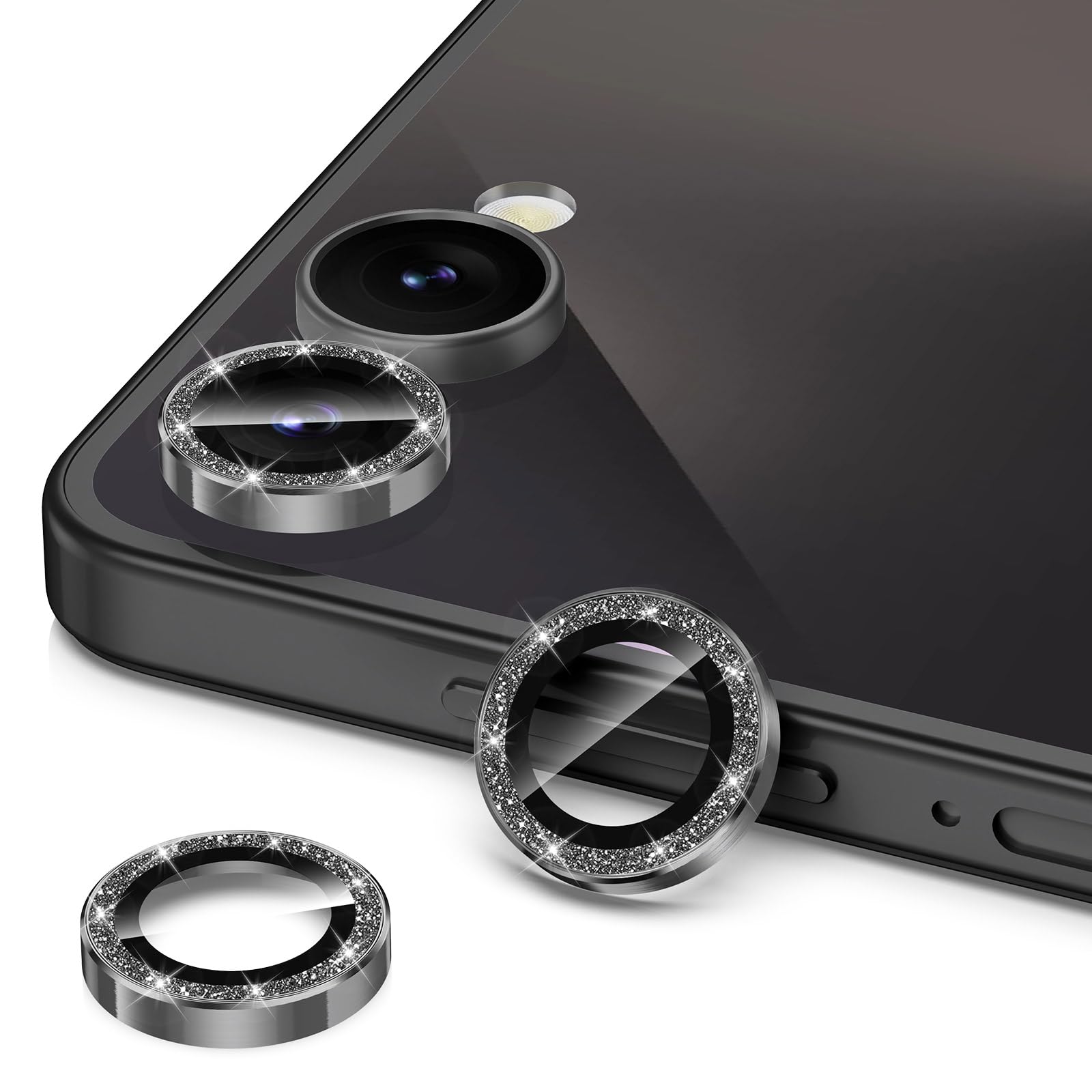 Avocase for Samsung Galaxy Z Flip 7 Camera Lens Protector, Individual Metal Ring Tempered Glass Lens Cover, [Strong Adsorption] Scratch Resistant Ultra-Thin HD Clear Lens Cover, 1 Set-Black Sparkly