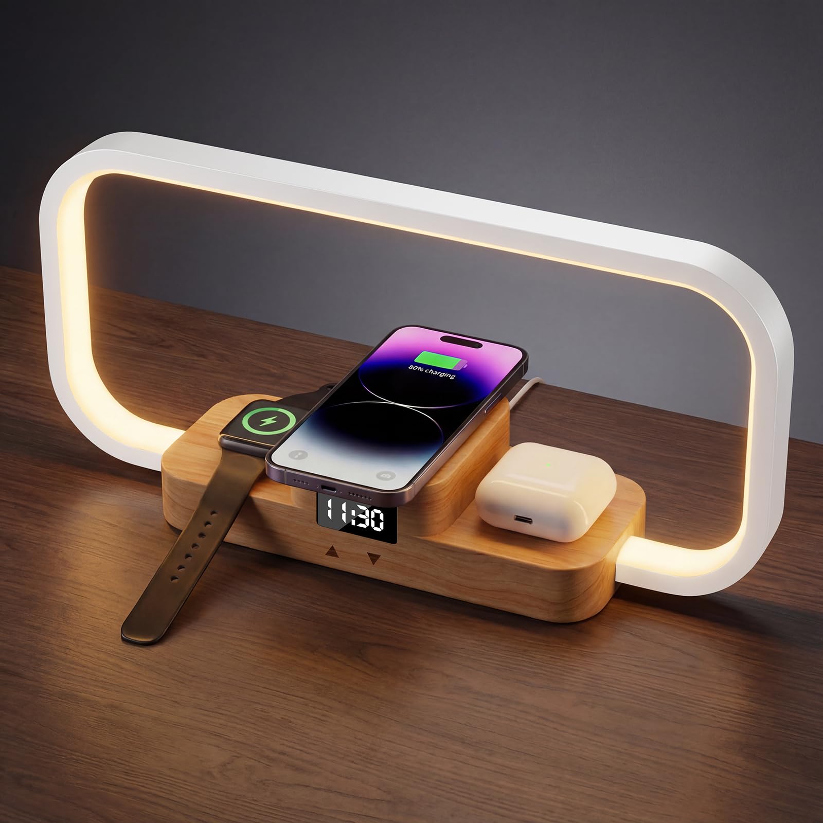 LED Bedside Lamp with Wireless Charger, 3-in-1 Touch Control Table Lamp with Clock, Dimmable Nightstand Lamp with 5 Color Modes, Modern Bedroom Desk Lamp, Gift for Women & Men,Wooden,Adapter Included