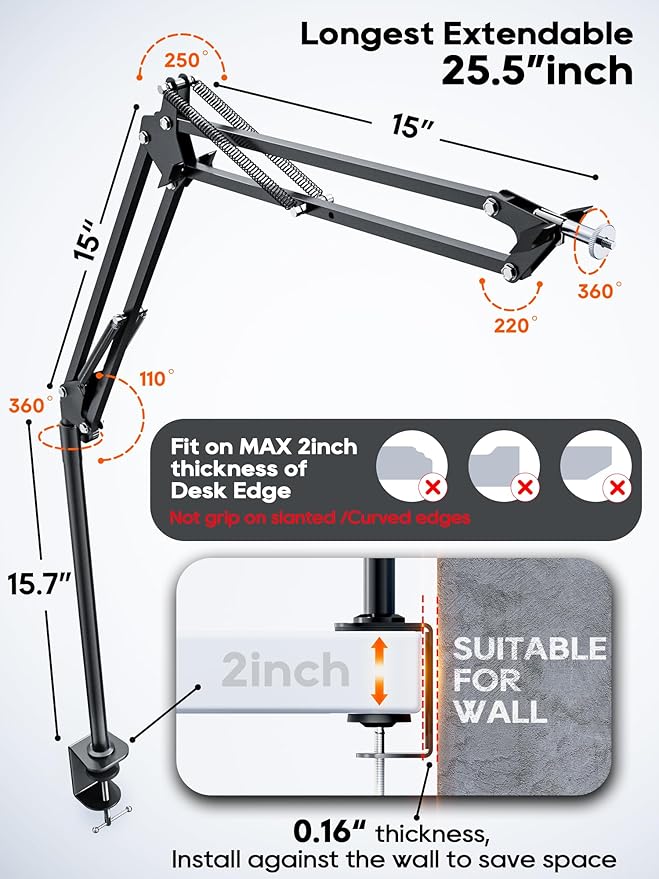 Overhead Camera Mount, 5lb Horizontal Load-Bearing, 360° Adjustable Stand for Desk, Flexible with Phone Clamp, Tabletop Mount for DSLR Camera/Webcam/Microphone