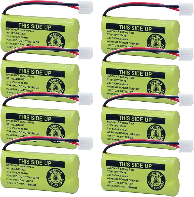 BT18433/BT28433 2.4V 550mAh Ni-Mh BT184342/BT284342 Cordless Phone Battery BT8000/BT8001 BT-6010 BT-8300 BT-1011 BT-1018 BT-1022 CPH-515D CS6209 CS6219 CS6229 DS6301 DS6101 CL80109 (8 Pack)