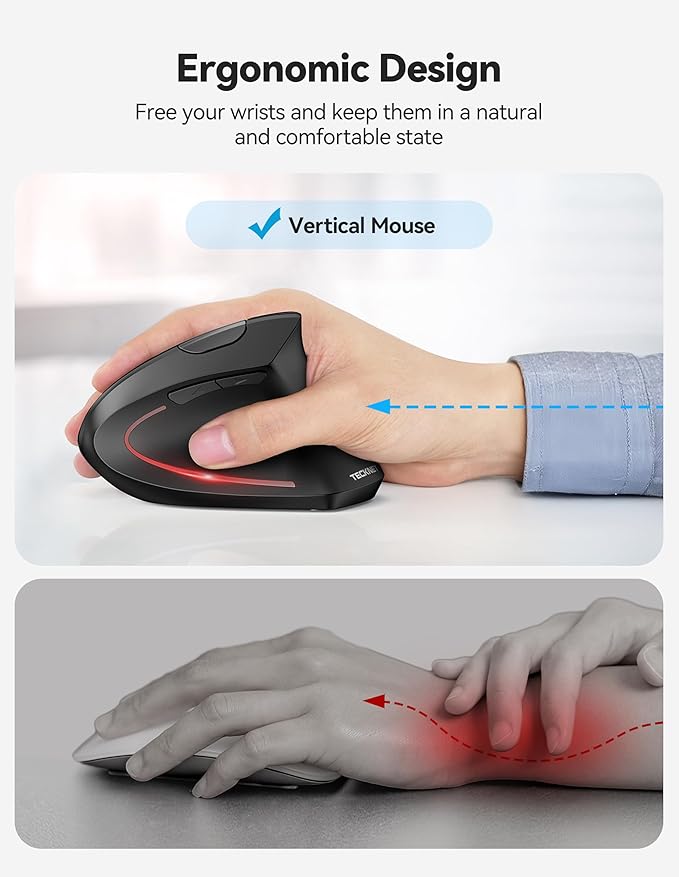 TECKNET Ergonomic Mouse, Rechargeable 2.4G+Bluetooth Vertical Mice 6 DPI Adjustable, Wireless Optical Carpal Tunnel Mouse for Right Hand, Silent 6 Buttons for Laptop, PC, MacBook, iPad - Black