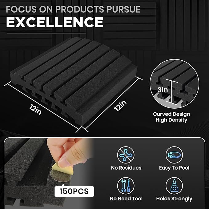 Focusound 18 Pack Curved Acoustic Foam Panels 3" x 12" x 12" Sound Proof Foam Panels Soundproofing Noise Cancelling Wedge Panels for Home Office Recoding Studio with 150 PCS Double-Side Adhesive