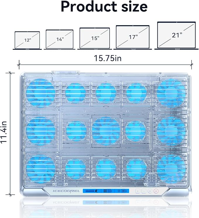 ICE COOREL Gaming Laptop Cooling Pad with 15 RGB Cooling Fans, Fully Transparent Laptop Fan Cooler Pad for 15-21 Inch, Gaming Laptop Cooler Stand with 8 Height Adjustable, USB Port and Type-C Port