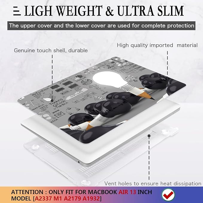 CISSOOK Creative Bulb Hard Shell Case for MacBook Air 13 inch A2337 M1 A2179 A1932 with Touch ID 2021-2018 Release, Plastic Hard Shell Cover with Keyboard Cover for MacBook Air 13 with Retina Display