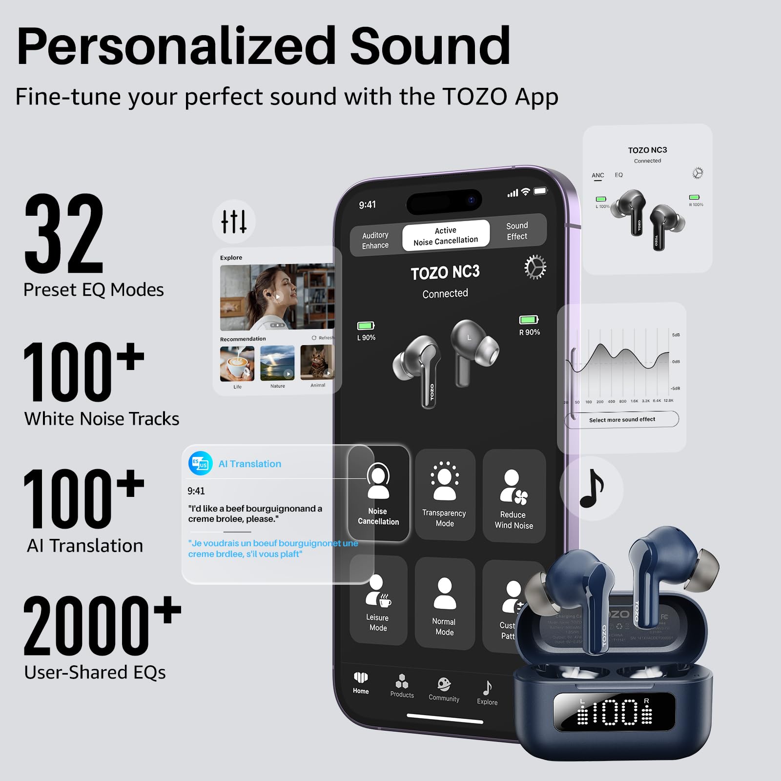 TOZO Hybrid Active Noise Cancelling in Ear Wireless Earbuds, 68H Playtime