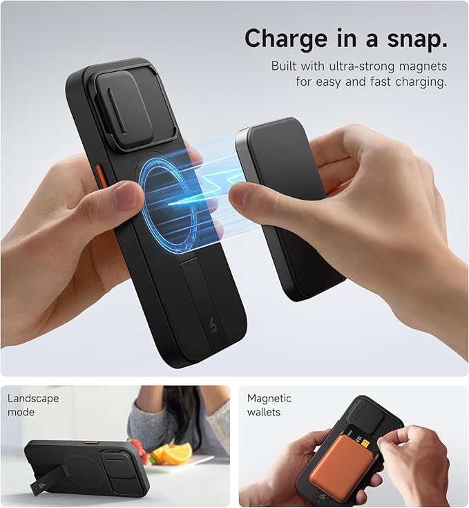SURITCH for iPhone 15 Pro Case with Magnetic Camera Slide Cover and Adjustable Kickstand, Compatible with MagSafe, Shockproof Bumper Case Slim Protective Cover 6.1 Inch, Black