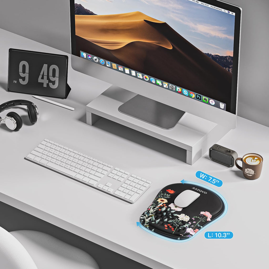 Aszqvd Mouse Pad with Wrist Rest, Ergonomic Mousepads with Wrist Support, Soft Lycra Fabric Memory Foam Office Desk Accessories for Comfort/Pain Relief/PC Gaming/Computer/Laptop (Black Flower)