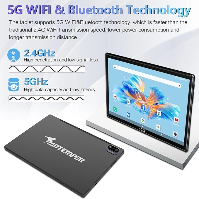 2025 Latest Android Tablet 10.1 Inch, 5G WiFi Tablets Mit 16GB RAM+128GB ROM(1TB TF),2 in 1 Tablet with Keyboard Mouse Pen-Octa-Core2.0Ghz | 7000mAh | 1080FHD | 13MP Camera | WLAN GPS -Black