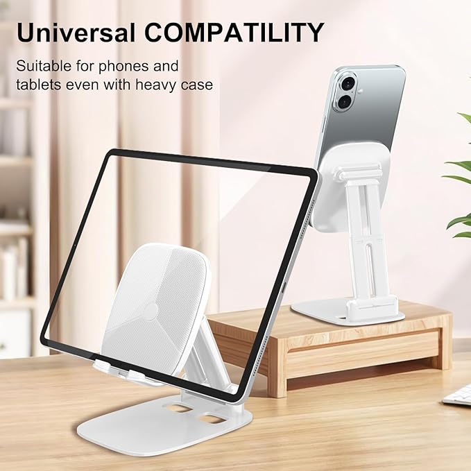 DEERLAMN Cell Phone Stand for Desk, Height Adjustable Cell Phone Holder Portable Desktop Stand, Travel Home Office Desk Accessories Compatible with iPhone 16/15/14/13/12/11 All Smartphone - White