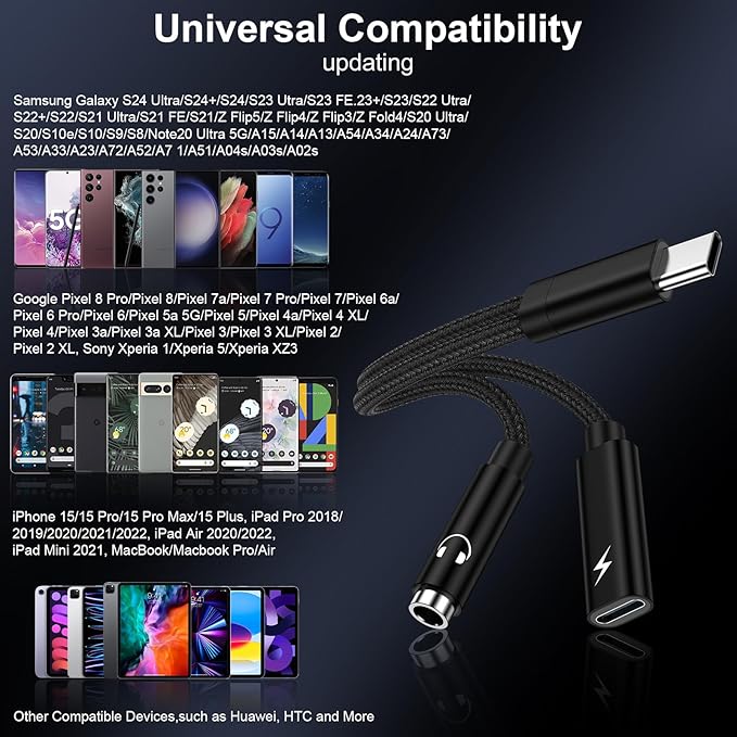 Samsung Galaxy S25 Headphone Adapter, 2 in 1 USB C to 3.5mm Aux Audio Jack with 60W Fast Charging Dongle Cable for Galaxy S25 S24 S23 Ultra A17 A56 A16 A15 A14 A54 iPhone 17 16 15 Pro Max Pixel 10 9 8
