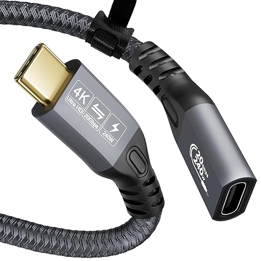 CABLEDECONN USB C 3.2 Gen-2 Extension Cable 0.5M 1.6FT Thunderbolt 3 240W Fast Charging Cable Male to Female Data Transfer 20Gbps 48V/5A Type-C Cable 4K Video Output Compatible with MacBook