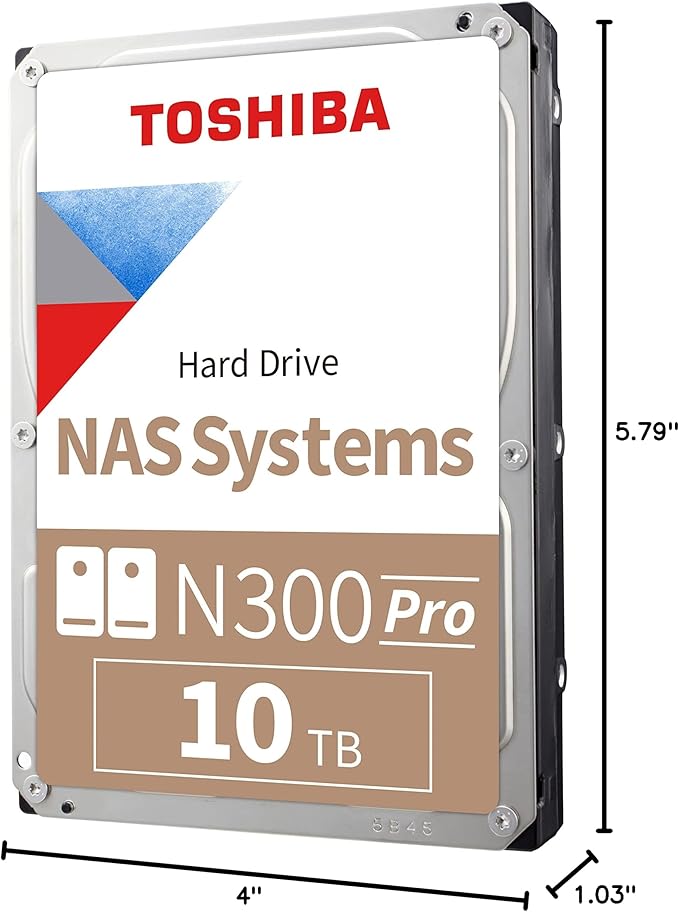 Toshiba N300 PRO 10TB Large-Sized Business NAS (up to 24 Bays) 3.5-Inch Internal Hard Drive - Up to 300 TB/Year Workload Rate CMR SATA 6 GB/s 7200 RPM 512 MB Cache - HDWG71AXZSTB