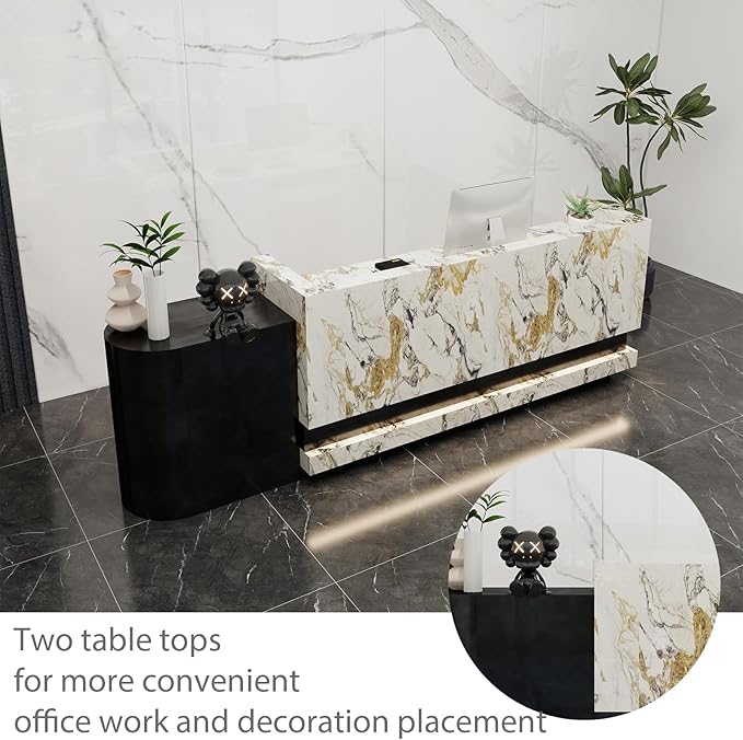 Front Desk Reception Counter - Lockable Storage & Keyboard Tray | Reception Desk with Counter, Customizable Large Counter Table (Black+White, 96'')