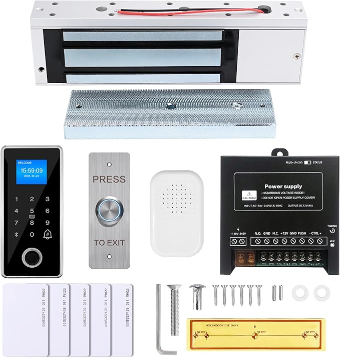 Waterproof Electric Magnetic Fingerprint Door Access Control Kit - 1200 lb Holding Force, RFID Keypad/Reader, 5 ID Cards, 110V Power Supply & Metal Exit Button - Secure Lock System (K5EM-1200LB KIt)