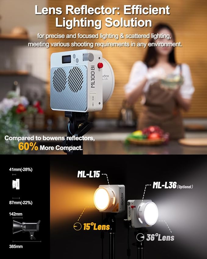Godox ML100Bi 120W Bi-Color LED Video Light, 2800K-6500K COB Continuous Output Lighting with Reflector, Adapter for Filmmaking, Live Streaming, Video and Studio Photography