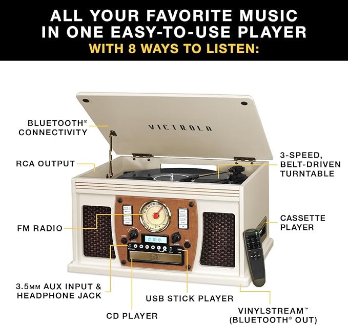 Victrola Navigator 8-in-1 Bluetooth Record Player with Built-in Speakers – 3 Speed Turntable, CD Player, Cassette, FM Radio, USB, RCA Out, Headphone Jack, Wireless Music Streaming, Real Wood (Oak)